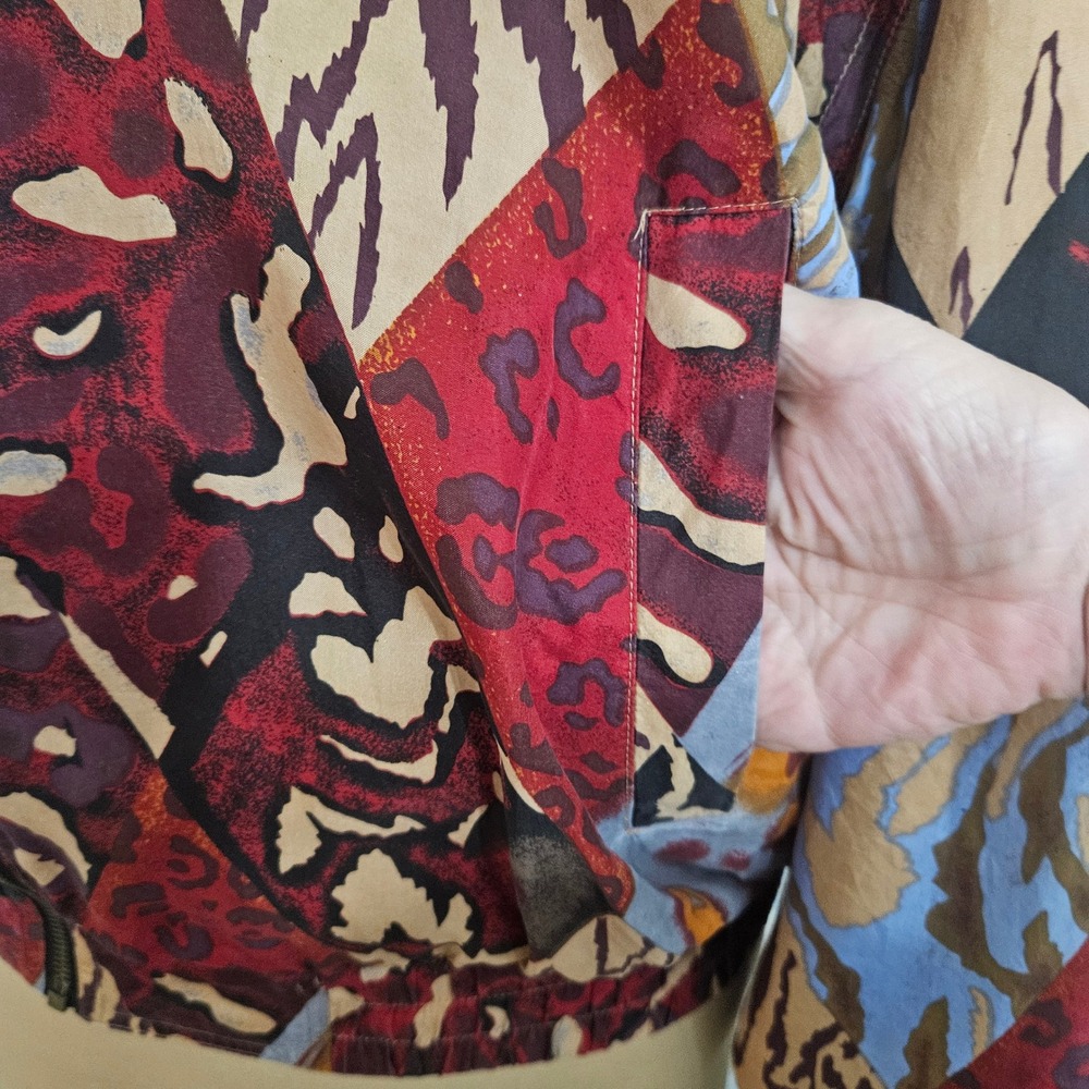 East West Silks Animal Print Patchwork Silk Bomber Jacket Large Red Boho Vintage - Picture 4 of 13